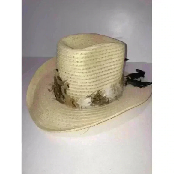 The Round Up Curl Brim Cowboy Rodeo Western Hat Feathers Size 6 3/4 - Picture 3 of 11